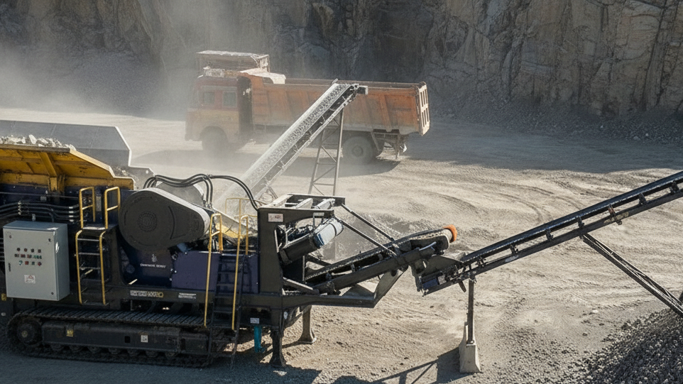 Tracked mobile jaw crusher with feed hopper and side discharge conveyor producing crushed aggregate at a granite quarry