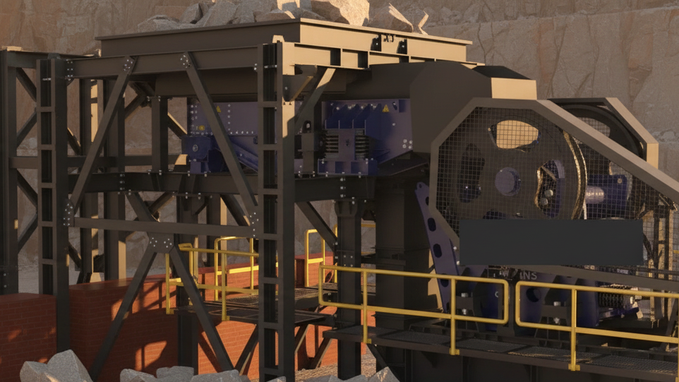 Primary jaw crusher with flywheel and drive belt mounted on a structural frame, surrounded by freshly blasted granite boulders in a working quarry