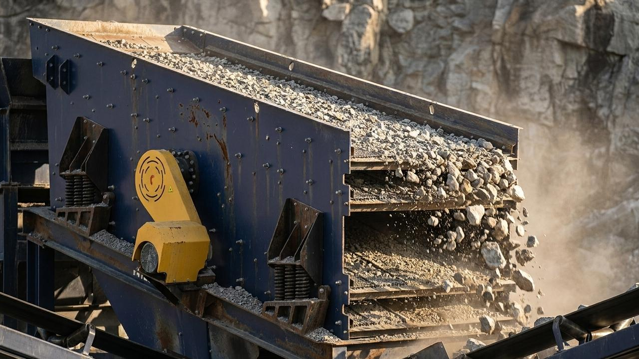 Inclined triple-deck vibrating screen with yellow eccentric drive screening crushed granite at a quarry