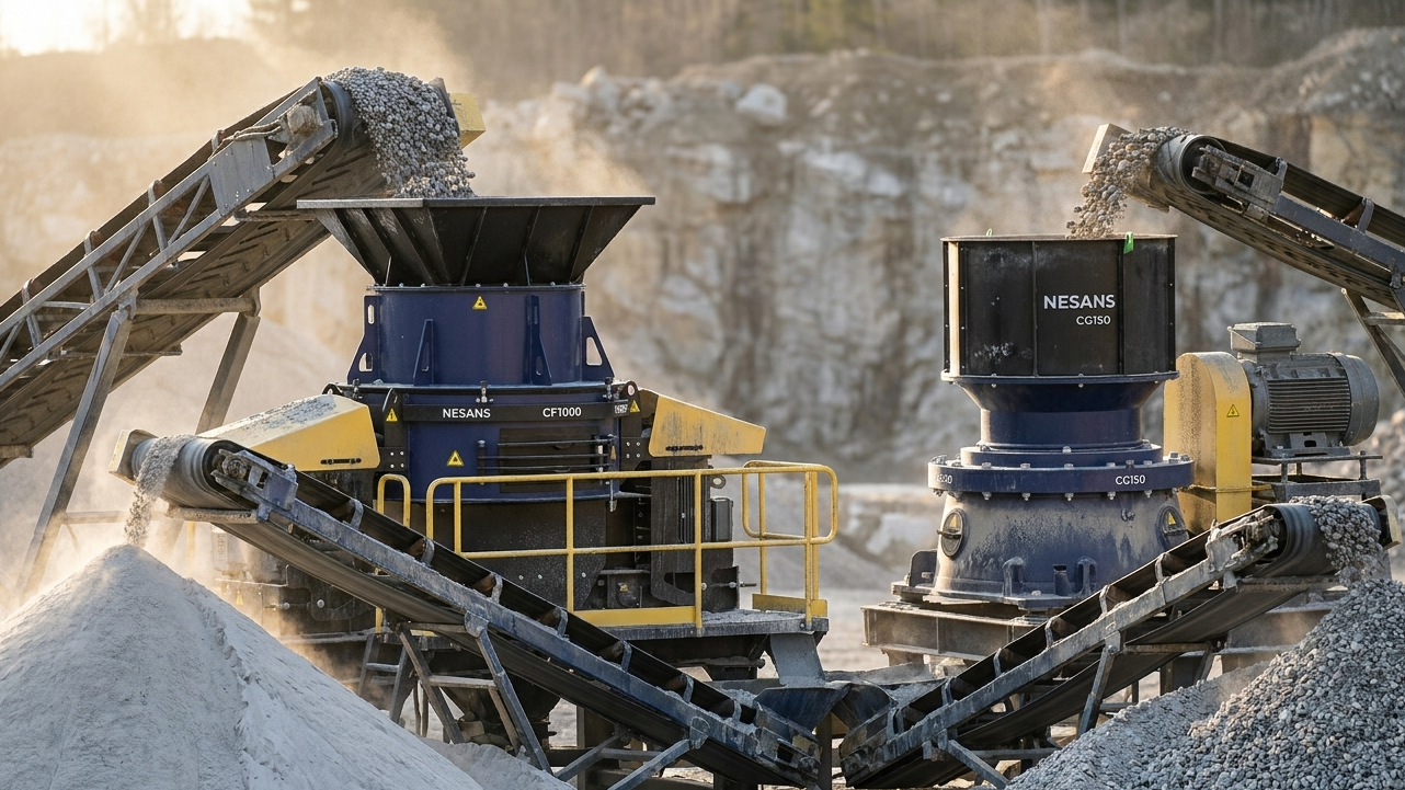 Nesans CF1000 VSI and CG150 cone crusher side by side in a manufactured sand plant at a granite quarry