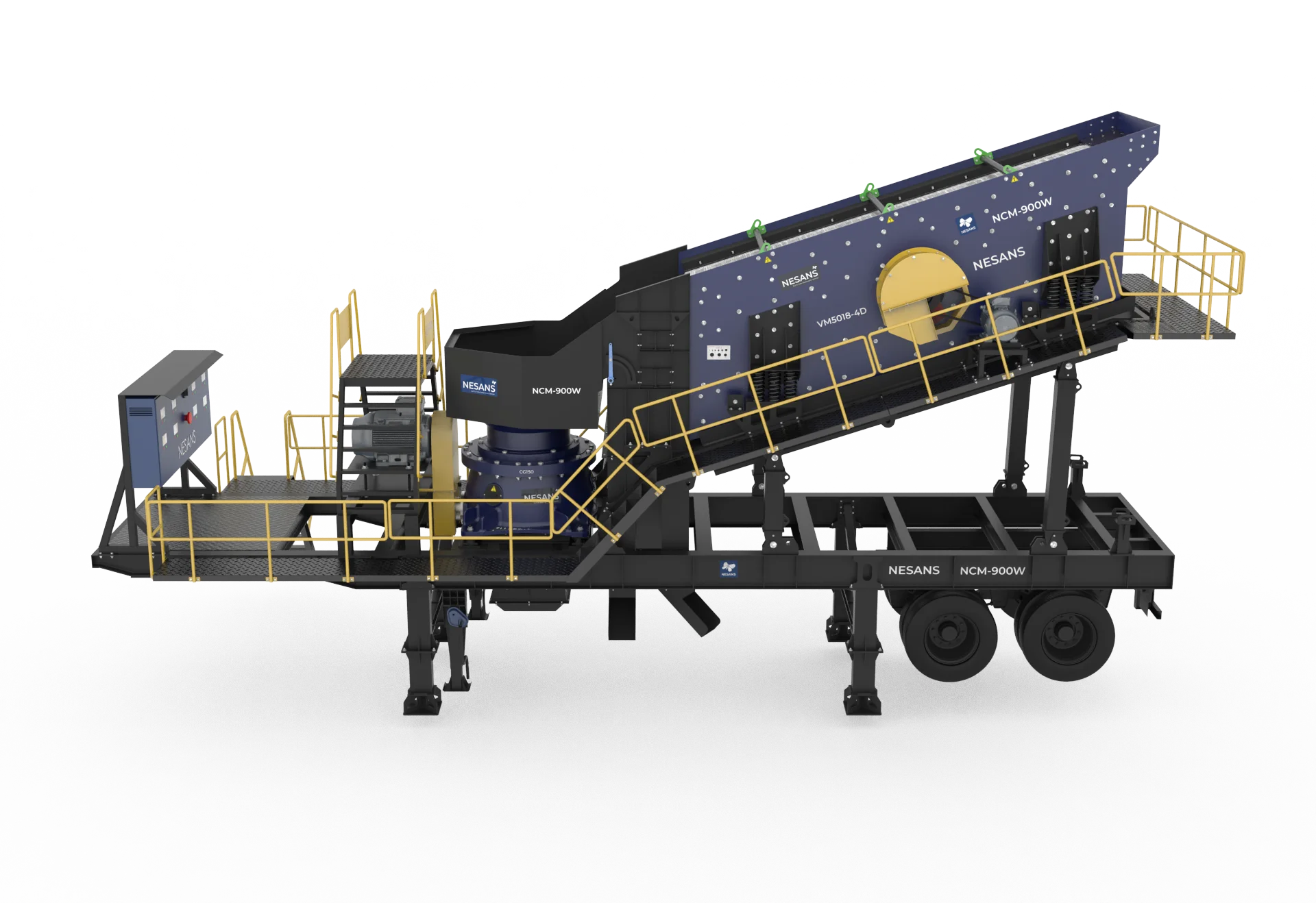 Nesans NCM-900W Mobile Cone Crusher side view with vibrating screen and discharge conveyor