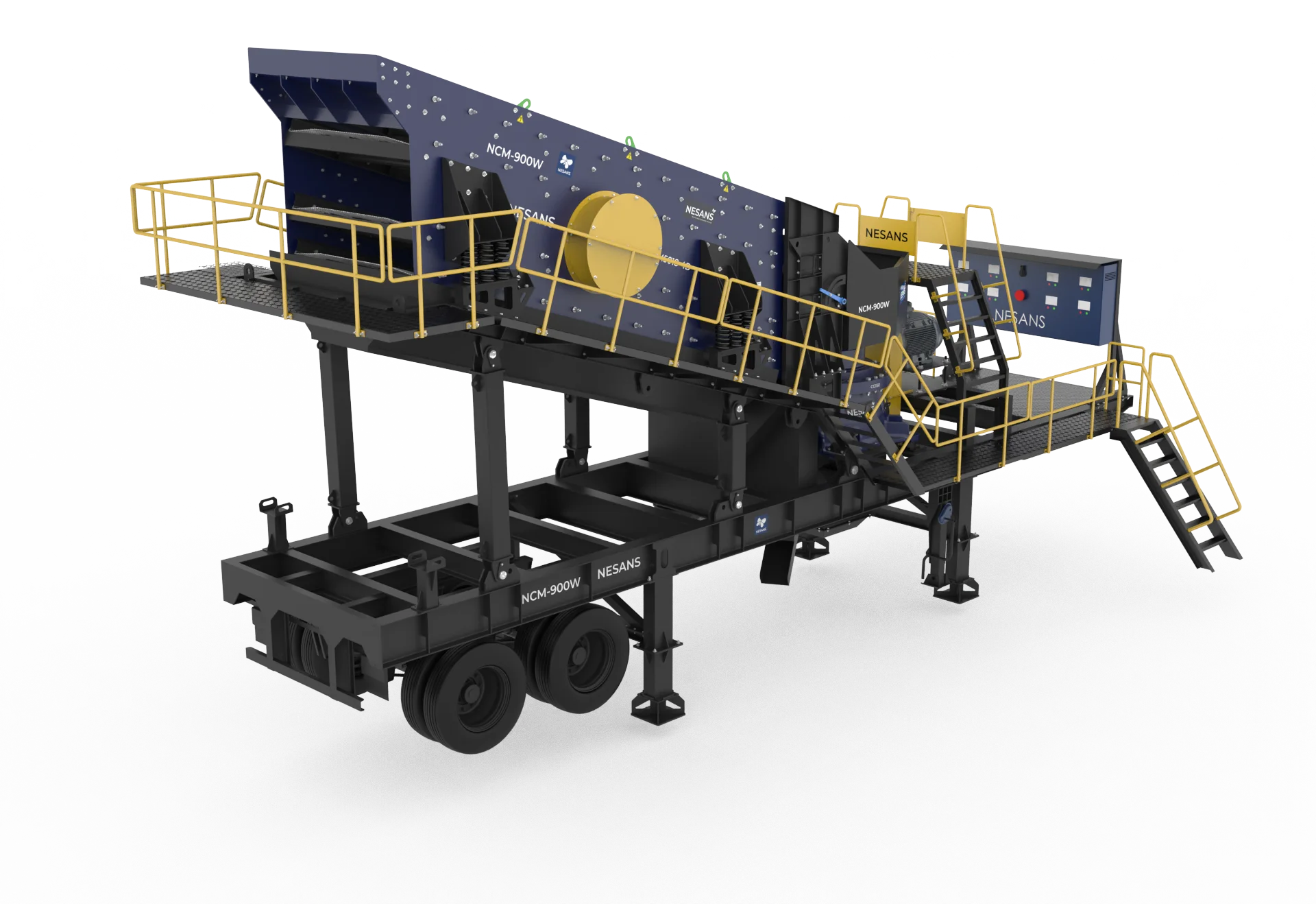 NCM-900W front view displaying cone crusher head and hydraulic adjustment system