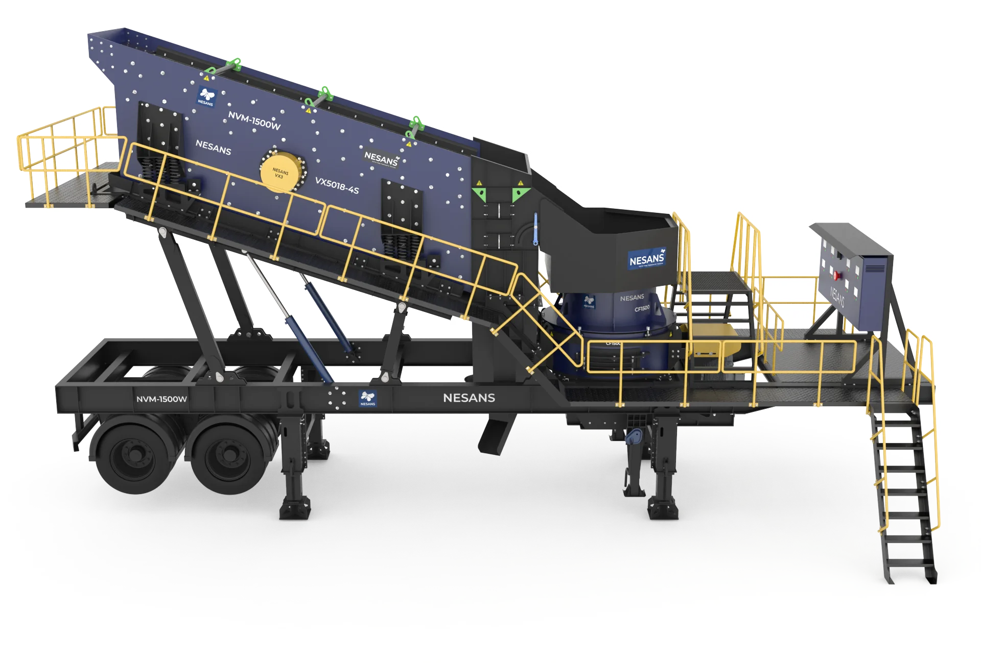 Nesans NVM-1500W Mobile VSI Crusher side view with integrated screen