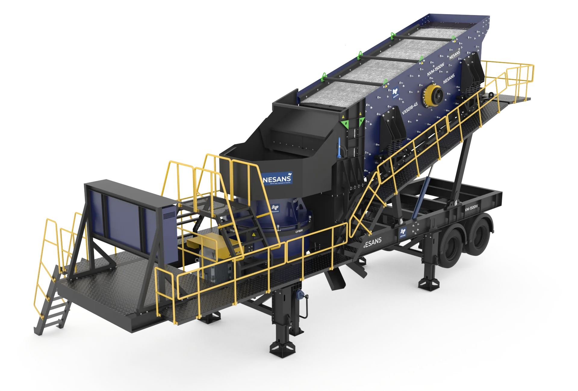 Nesans Mobile VSI Crusher front view with feed conveyor and maintenance platforms