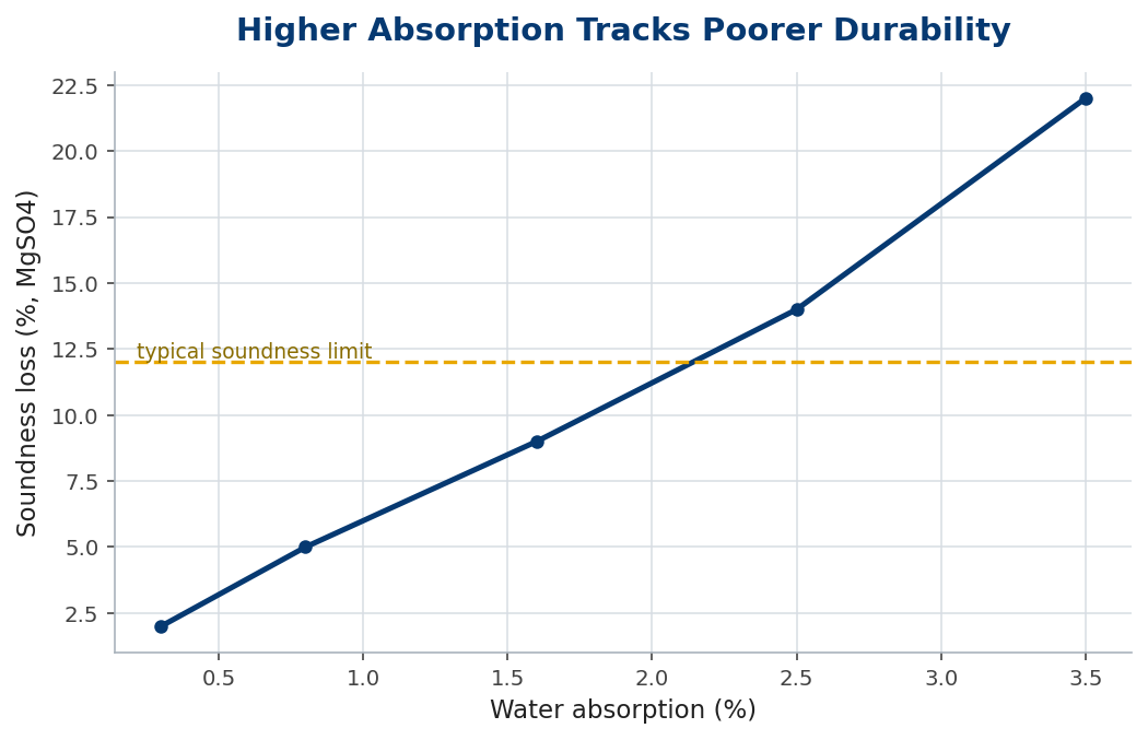 Line chart of soundness loss rising with water absorption