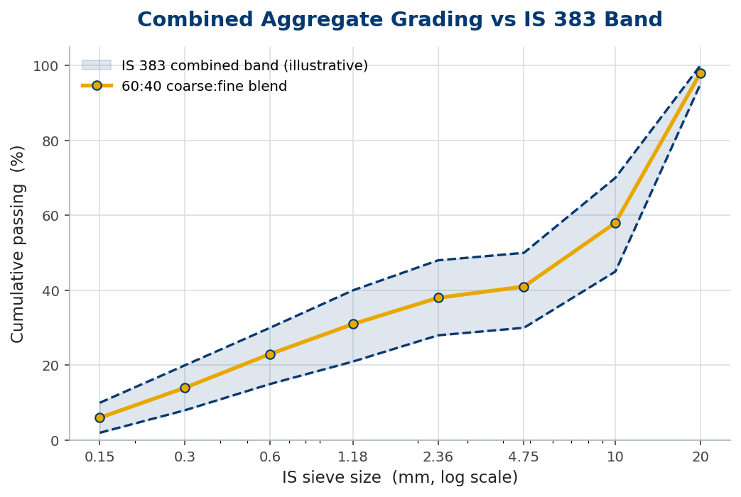 Combined aggregate grading curve sitting inside the IS 383 band